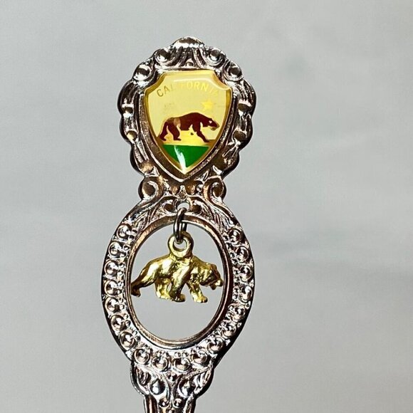 California Stamped Souvenir Spoon 4 5/8" Silver Tone Gold Bear Charm Enamel VTG - Picture 2 of 10